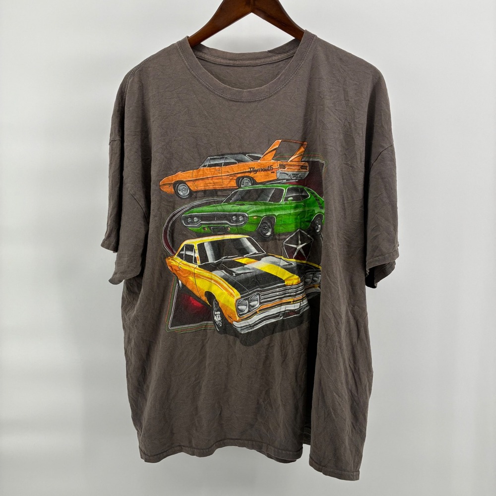Plymouth Muscle Car Graphic T-Shirt Mens Gray Mopar Superbird Road Runner Tee